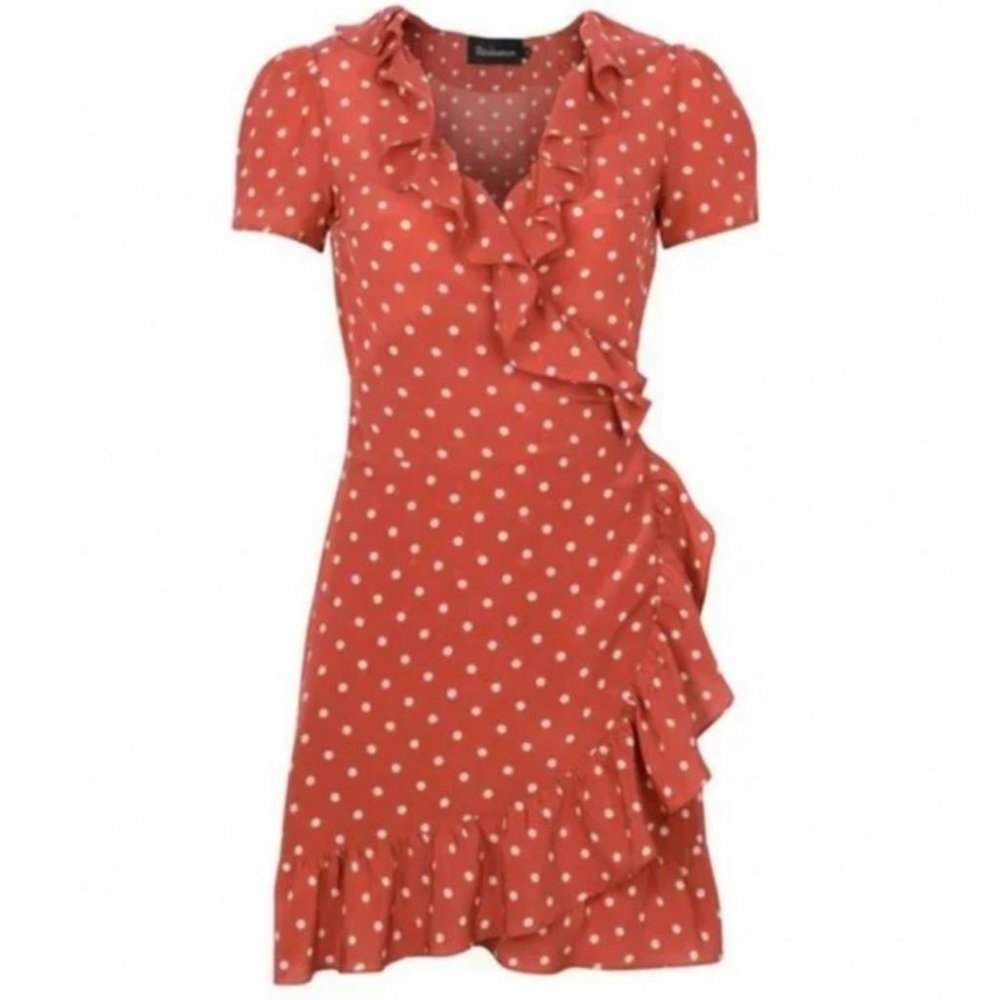 Realisation Par 100% Silk Brown Polka Dot‎ Ruffle Wrap Dress Size XS Valentina - Picture 11 of 11